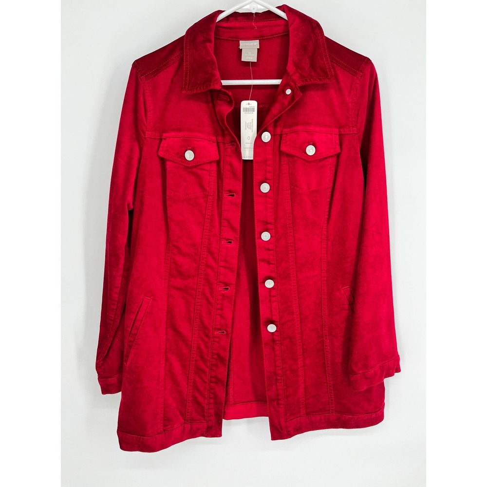CHICO'S Elongated Classic Velveteen Jacket S Red Claret Button Up Stretch NWT